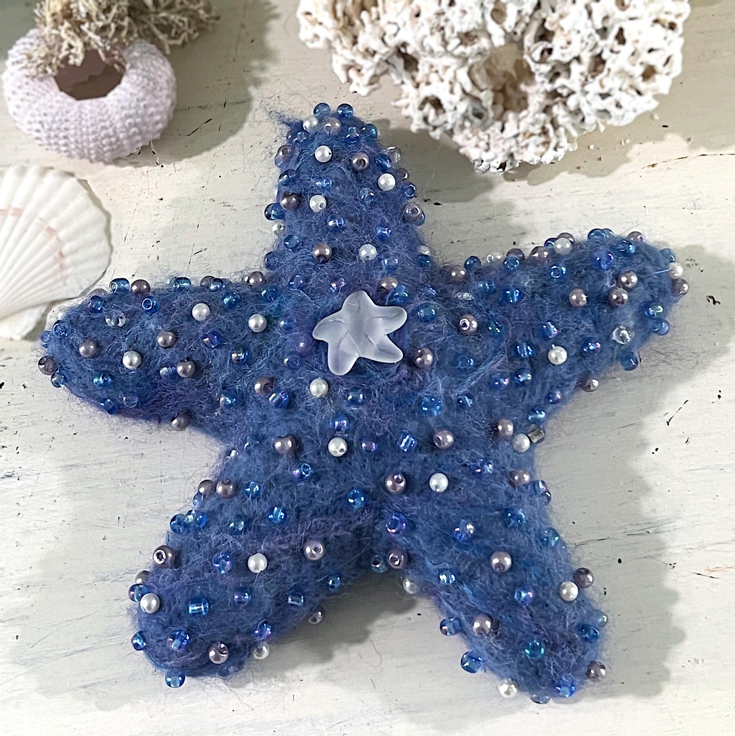 Needlefelted and Beaded Blue Starfish