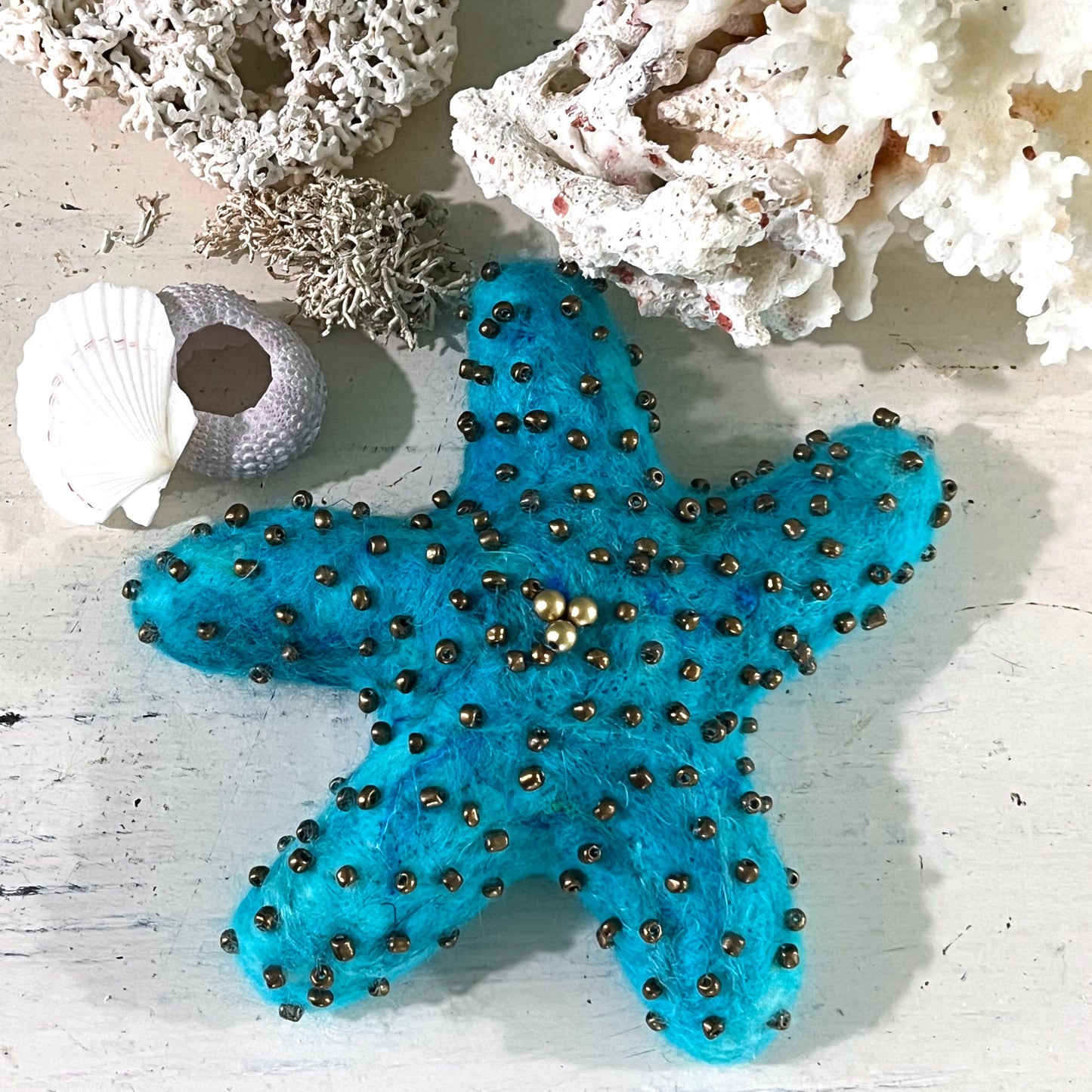 Needlefelted and Beaded Turquoise Blue Starfish