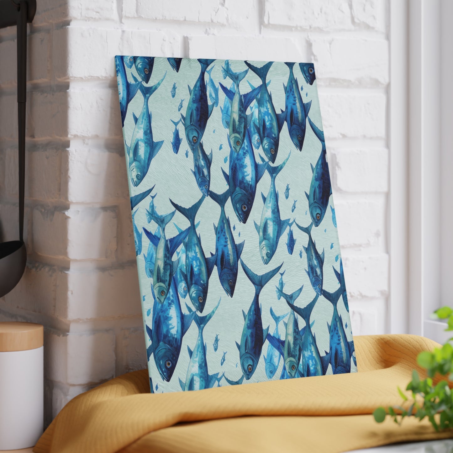 School of Blue Fish Glass Cutting Board