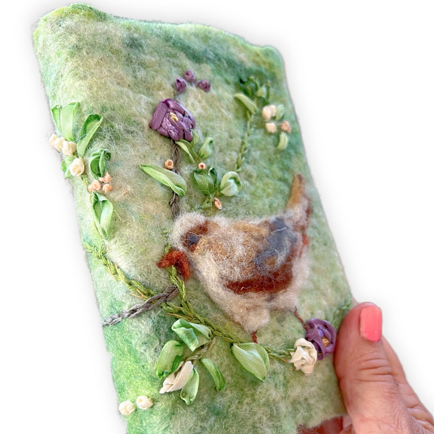 Felted and Ribbon Embroidered Journal - Birds and Flowers