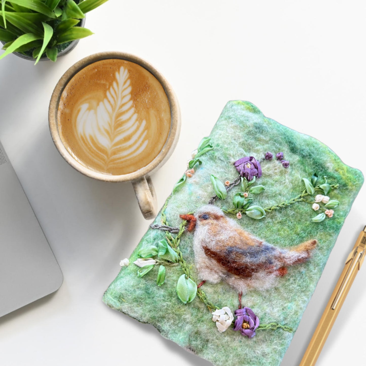Felted and Ribbon Embroidered Journal - Birds and Flowers