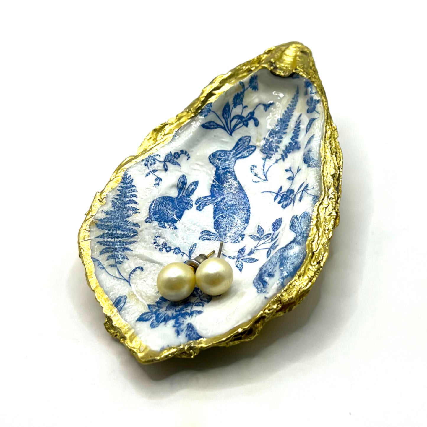 Gilded Blue Rabbit Toile Oyster Shell Ring Dish and Tray