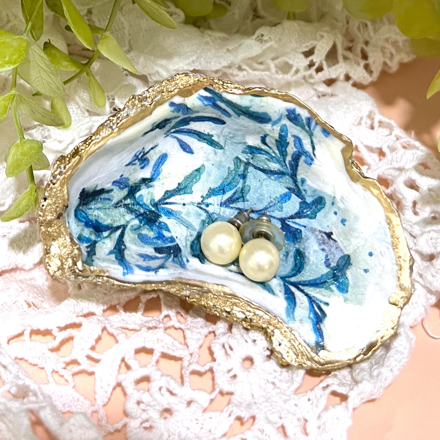 Gilded Blue Vines Oyster Shell Ring Dish and Tray