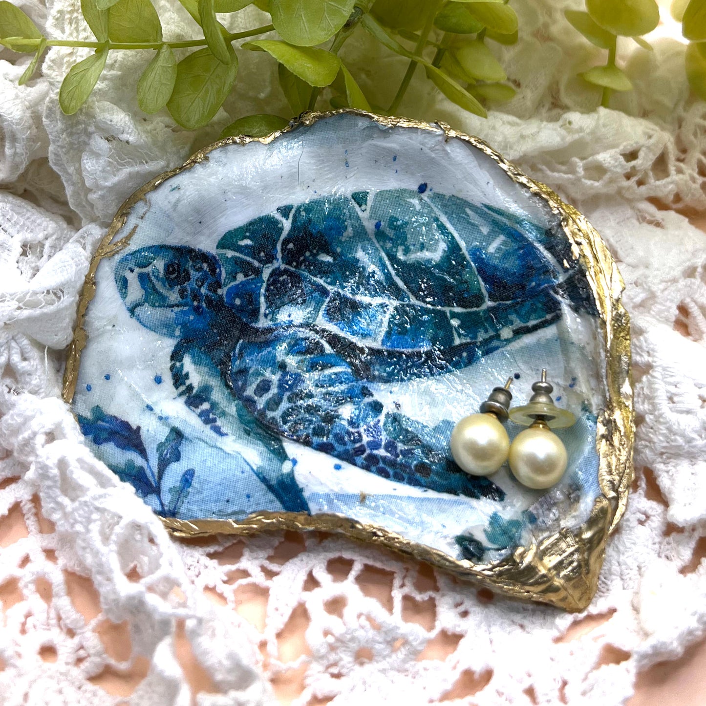 Gilded Blue Sea Turtle Oyster Shell Ring Dish and Tray