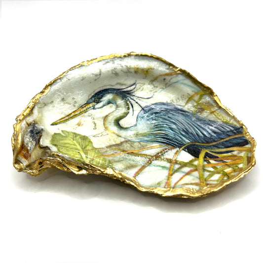 Gilded Great Blue Heron Oyster Shell Ring Dish and Tray