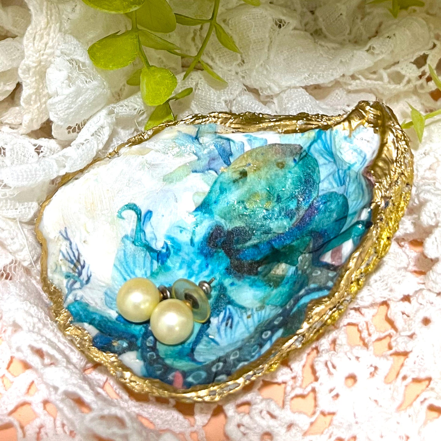 Gilded Octopus Oyster Shell Ring Dish and Tray