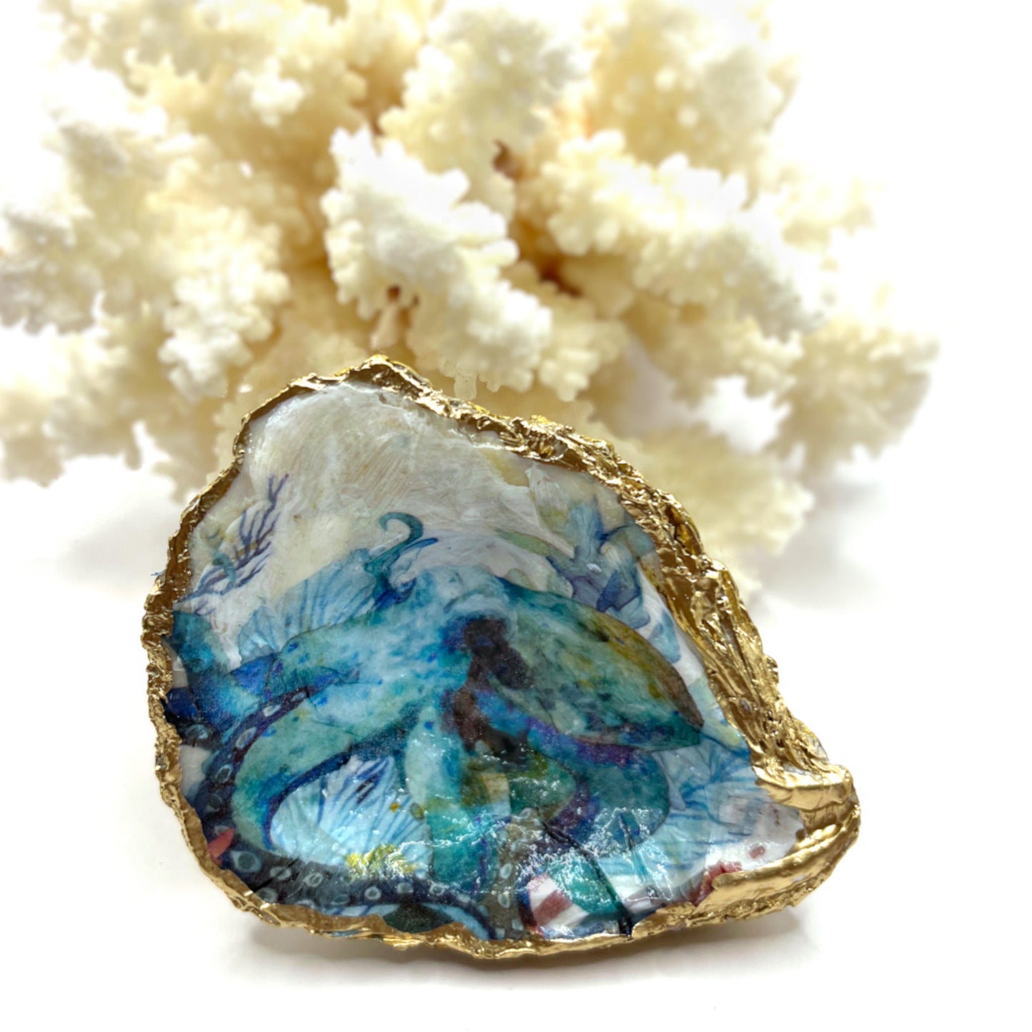 Gilded Octopus Oyster Shell Ring Dish and Tray
