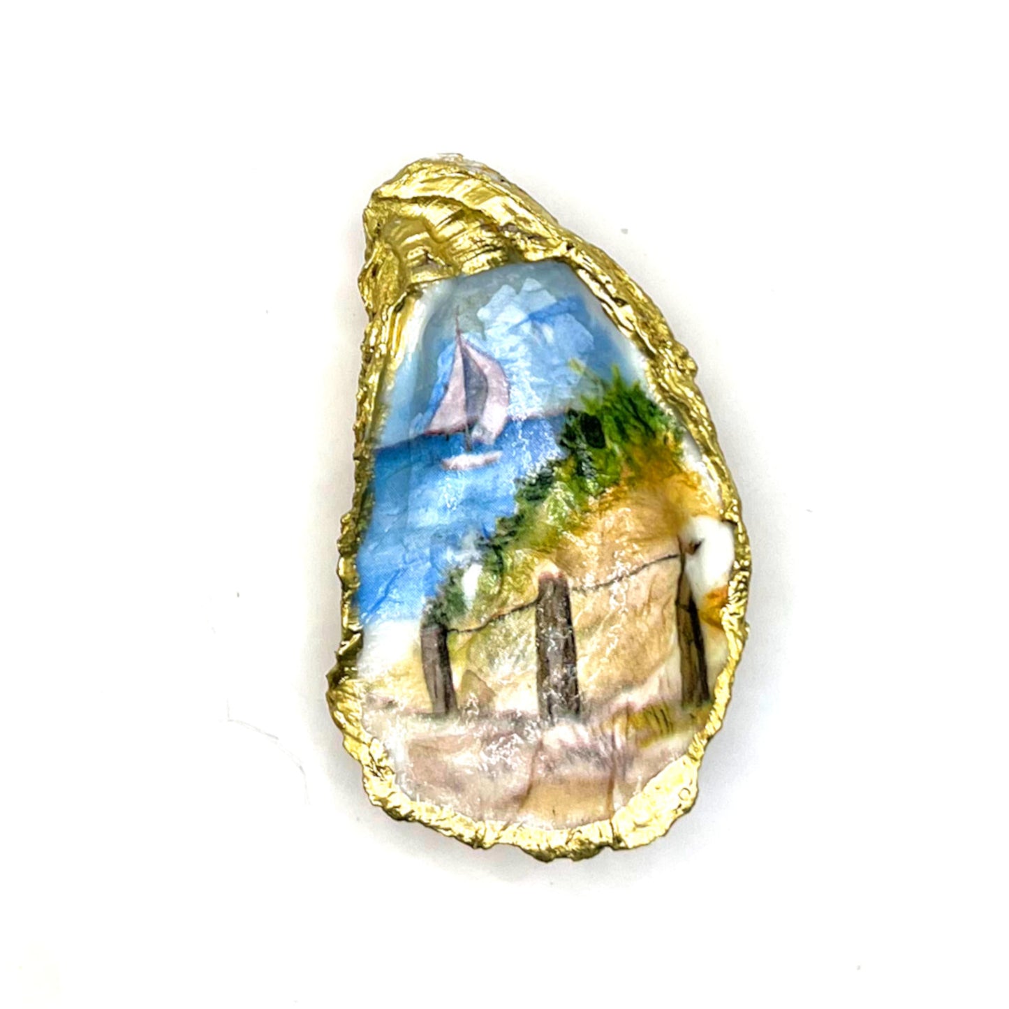 Gilded Sailboat on the Sea Oyster Shell Ring Dish and Tray
