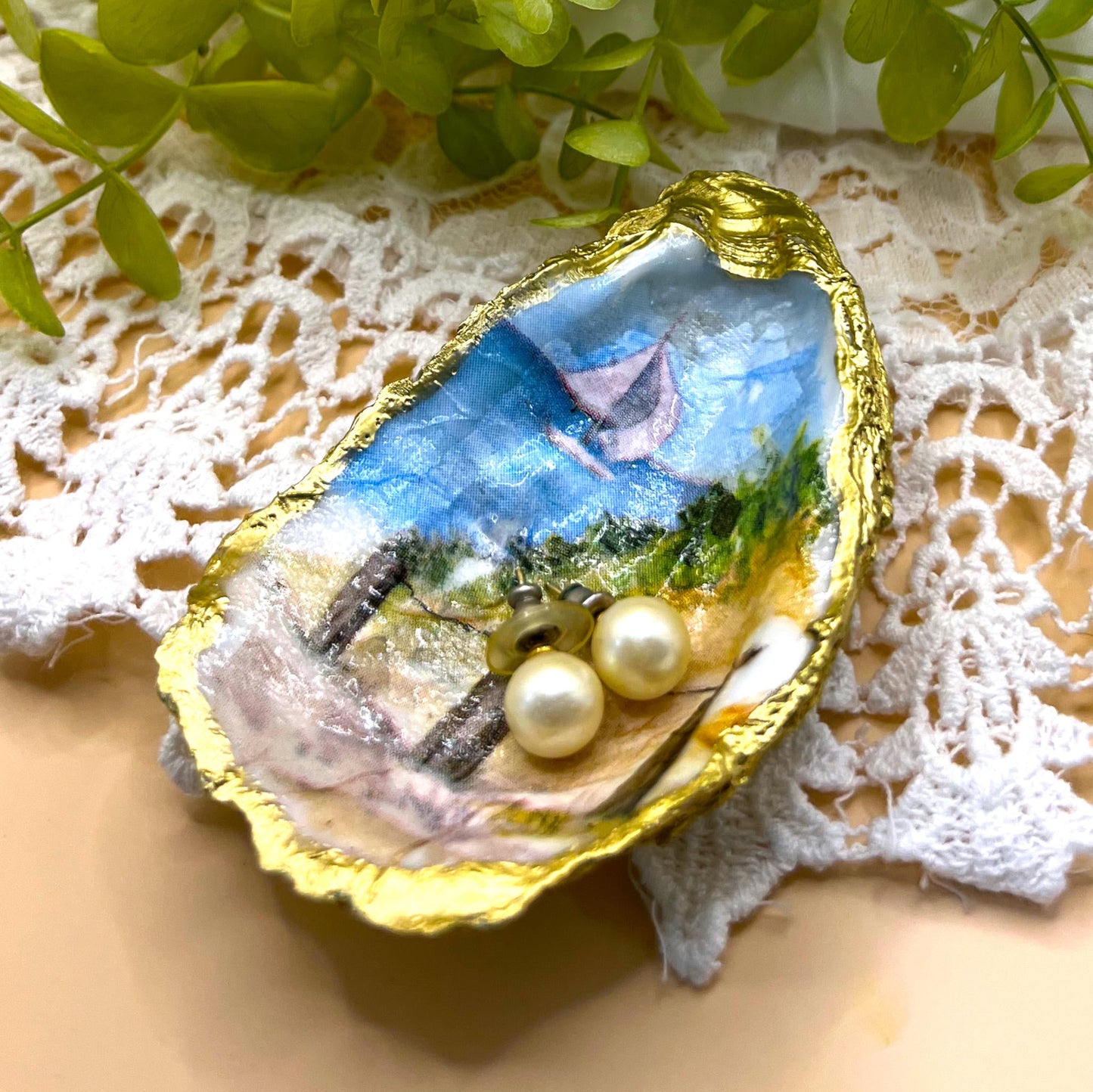 Gilded Sailboat on the Sea Oyster Shell Ring Dish and Tray