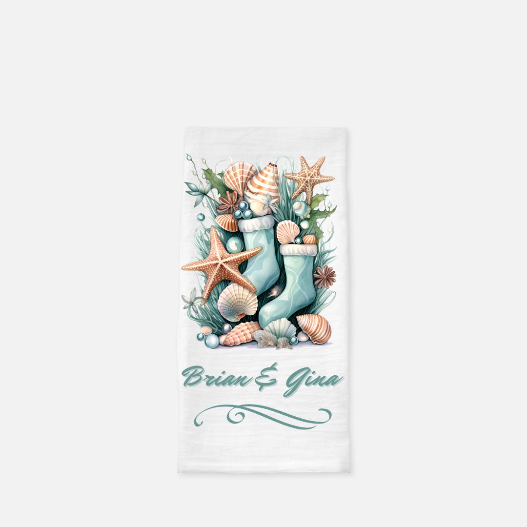 Personalized Christmas Stockings & Shells Tea Towel, Dish, Kitchen Towel, Flour Sack Towel, Gift, Wedding Gift Towel, Bar Towel