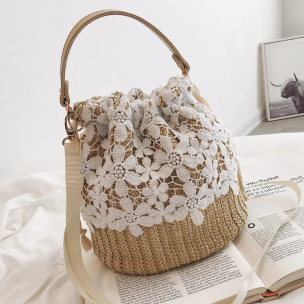 Crossbody Coastal Straw Wicker Bucket Purse with Lace
