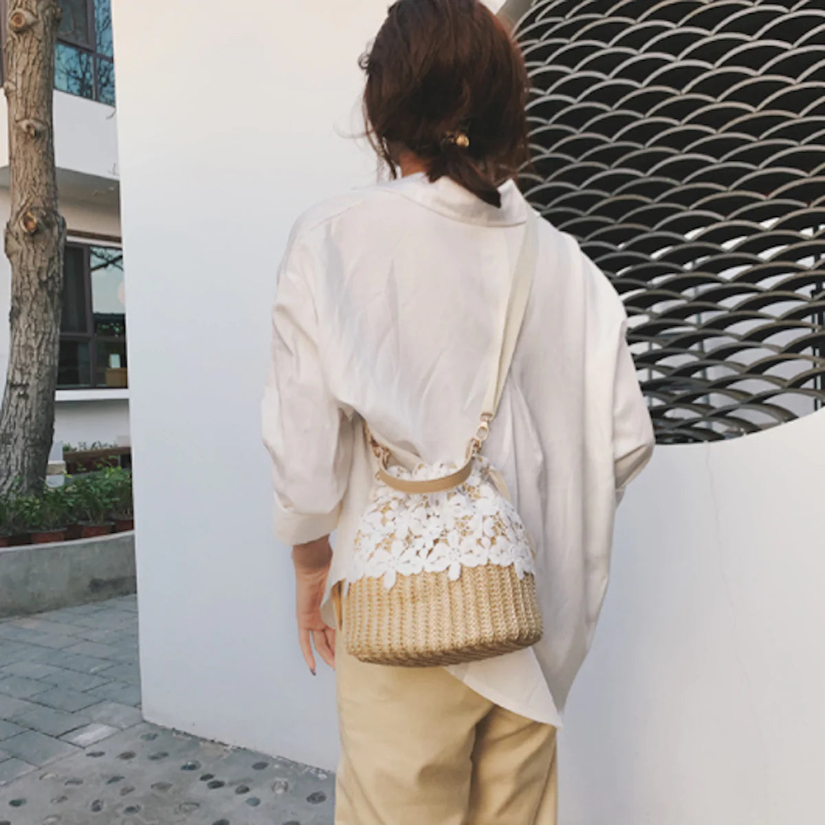 Crossbody Coastal Straw Wicker Bucket Purse with Lace
