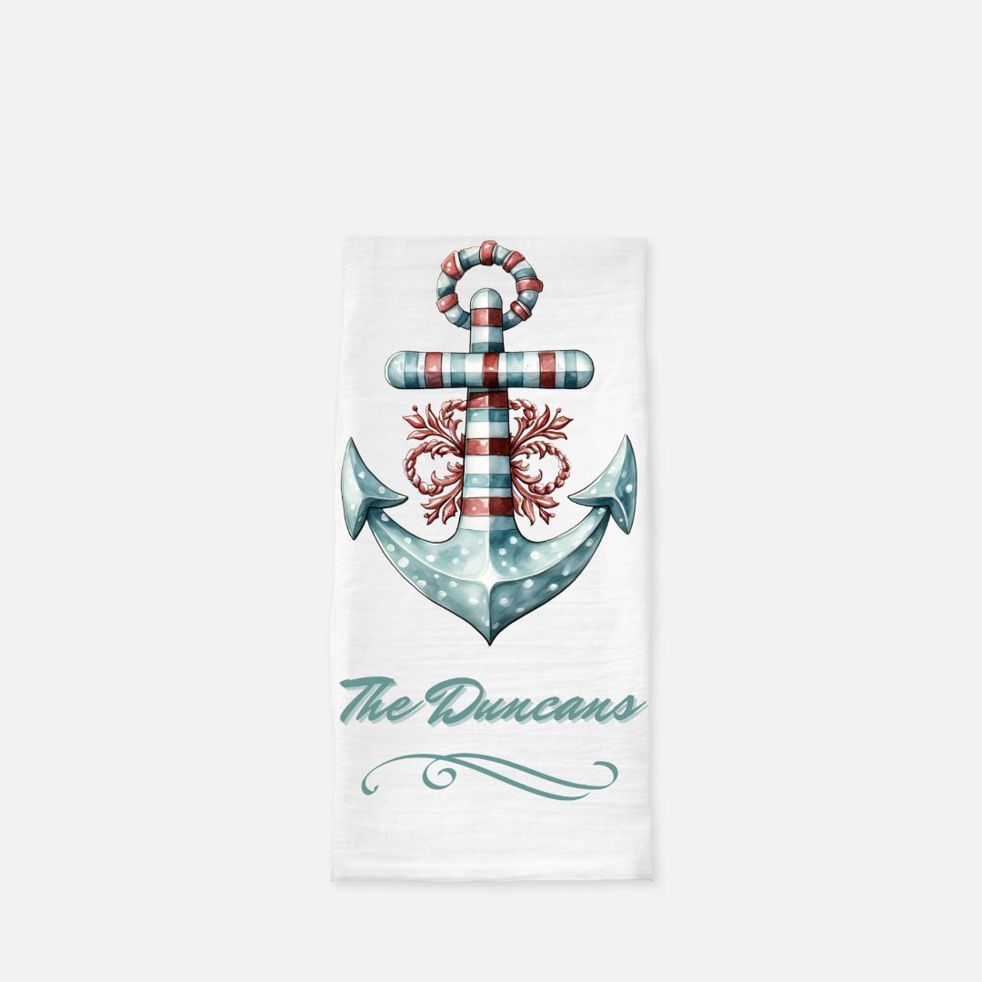 Personalized Decorated Anchor Tea Towel, Dish, Kitchen Towel, Flour Sack Towel, Gift, Wedding Gift Towel, Bar Towel