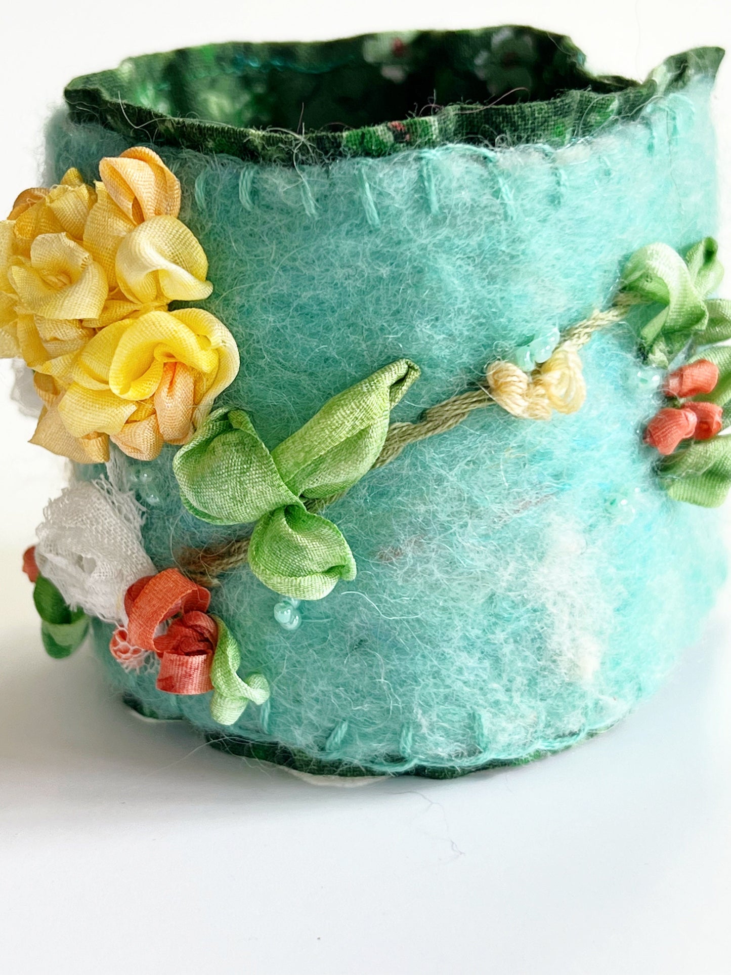 Felted Bracelet Cuff Bracelet, Wool Bracelet, Wrist Cuff, Ribbon Embroidery, Cuff Bracelet, Handmade Boho, Wool Felted Jewelry Bohemian