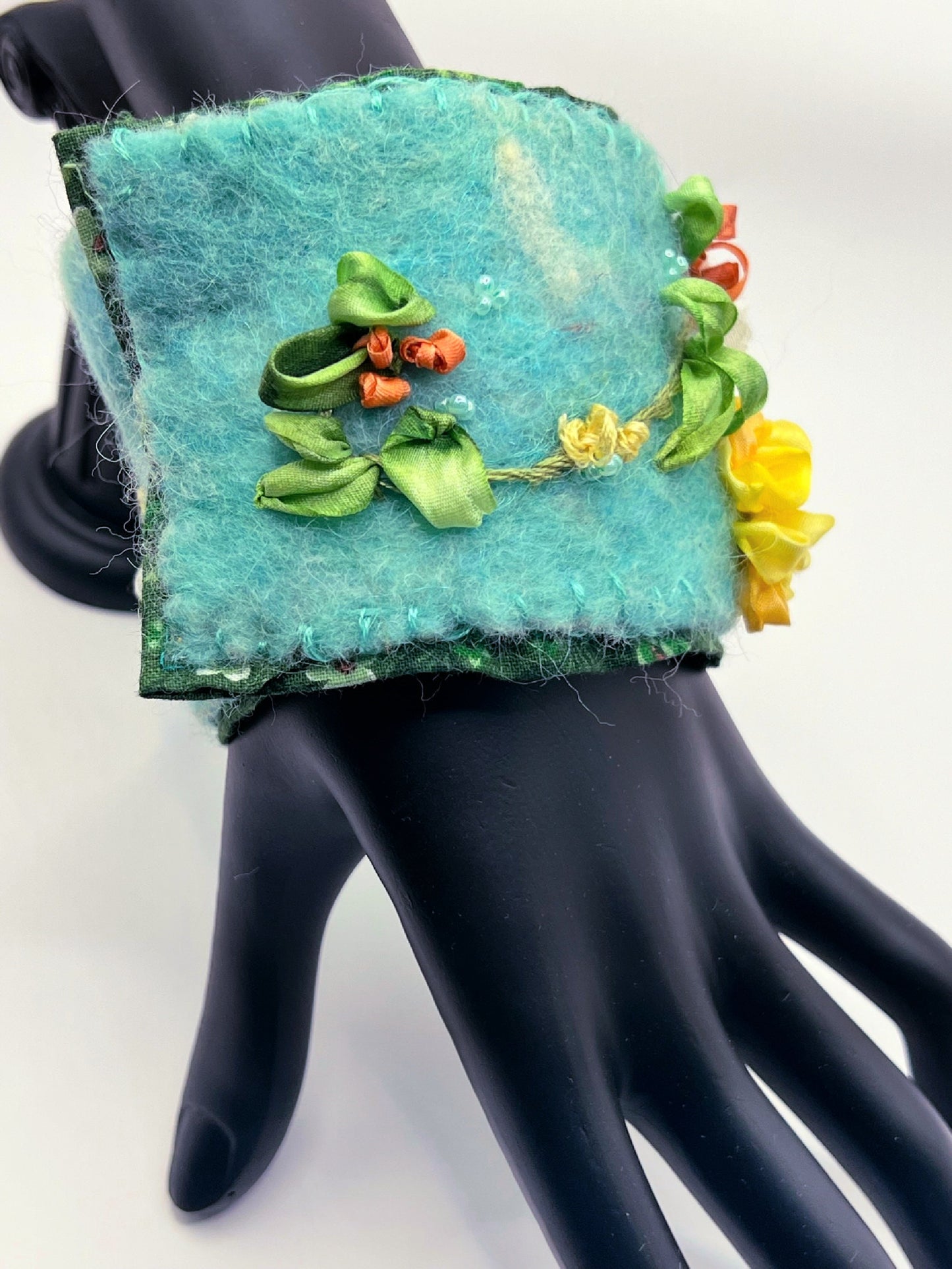 Felted Bracelet Cuff Bracelet, Wool Bracelet, Wrist Cuff, Ribbon Embroidery, Cuff Bracelet, Handmade Boho, Wool Felted Jewelry Bohemian