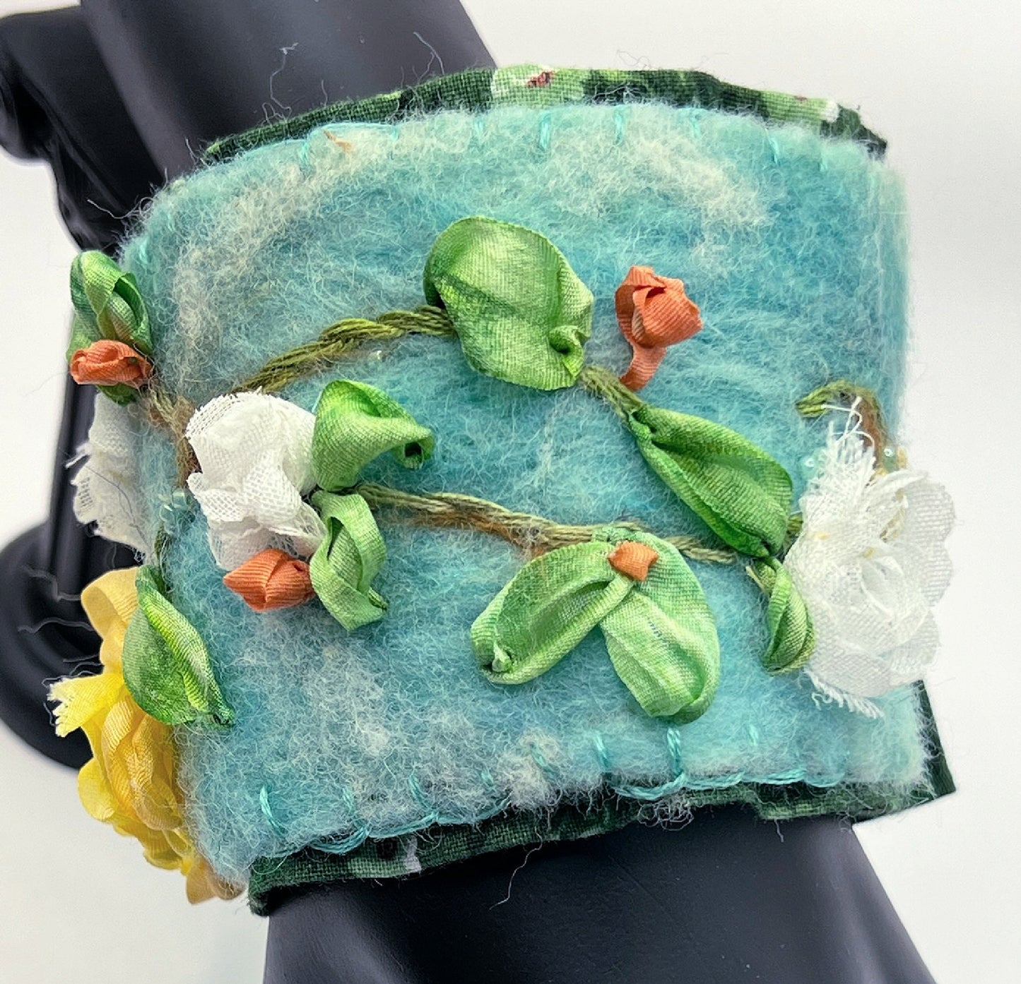 Felted Bracelet Cuff Bracelet, Wool Bracelet, Wrist Cuff, Ribbon Embroidery, Cuff Bracelet, Handmade Boho, Wool Felted Jewelry Bohemian
