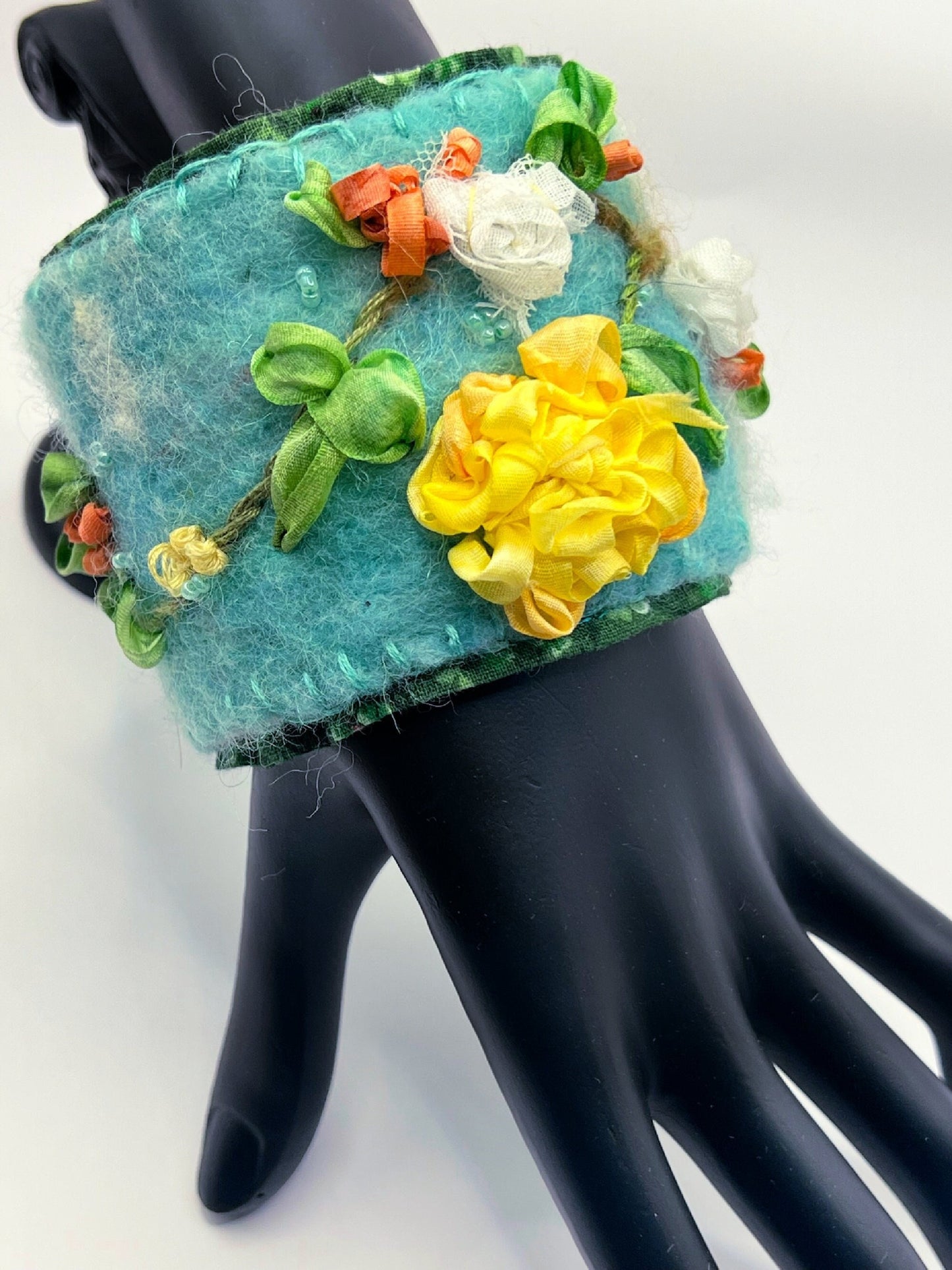 Felted Bracelet Cuff Bracelet, Wool Bracelet, Wrist Cuff, Ribbon Embroidery, Cuff Bracelet, Handmade Boho, Wool Felted Jewelry Bohemian