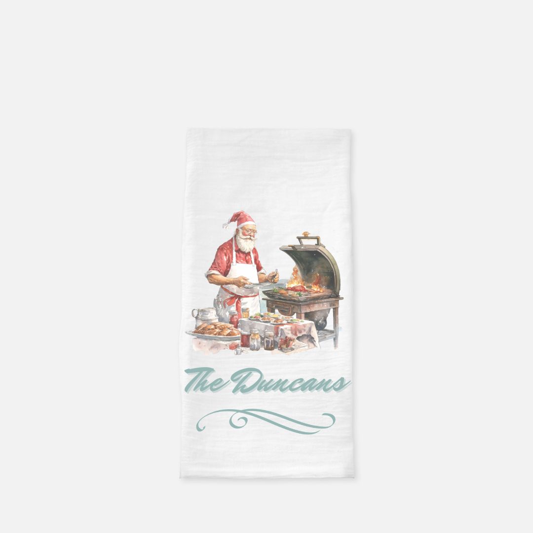 Personalized Santa Grilling Tea Towel, Dish, Kitchen Towel, Flour Sack Towel, Gift, Wedding Gift Towel, Bar Towel