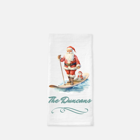 Personalized Santa on the Beach Tea Towel, Dish, Kitchen Towel, Flour Sack Towel, Gift, Wedding Gift Towel, Bar Towel