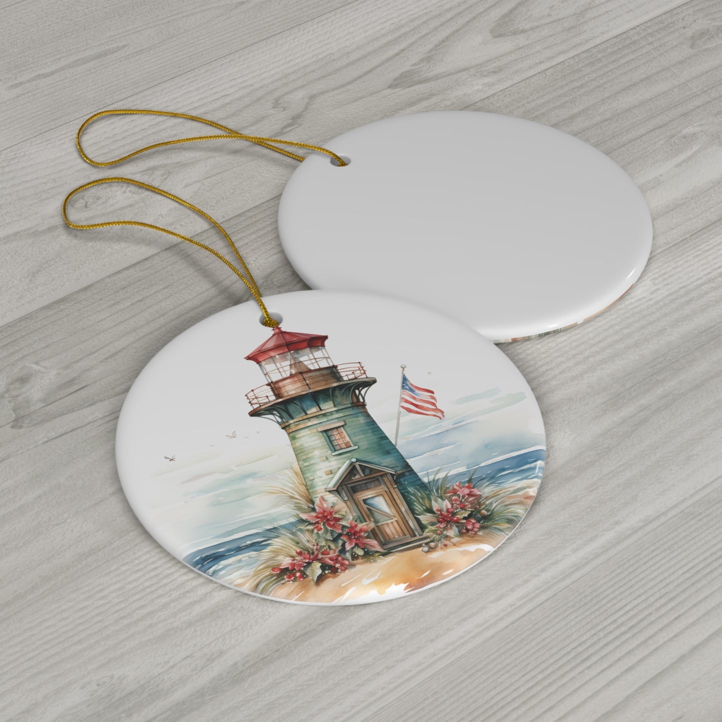 Christmas Lighthouse with Flag Ceramic Ornament