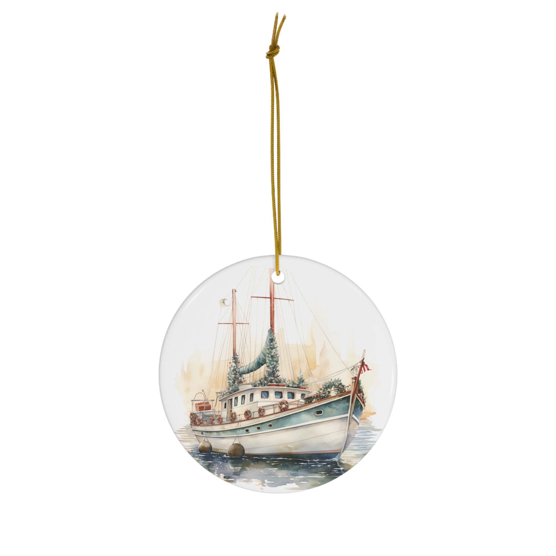 Christmas Decorated Sailboat Ceramic Ornament