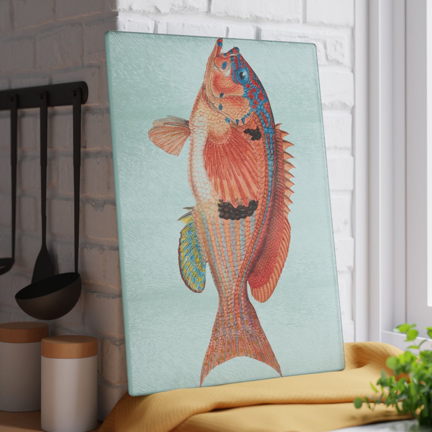 Vintage Fish Illustration Glass Cutting Board