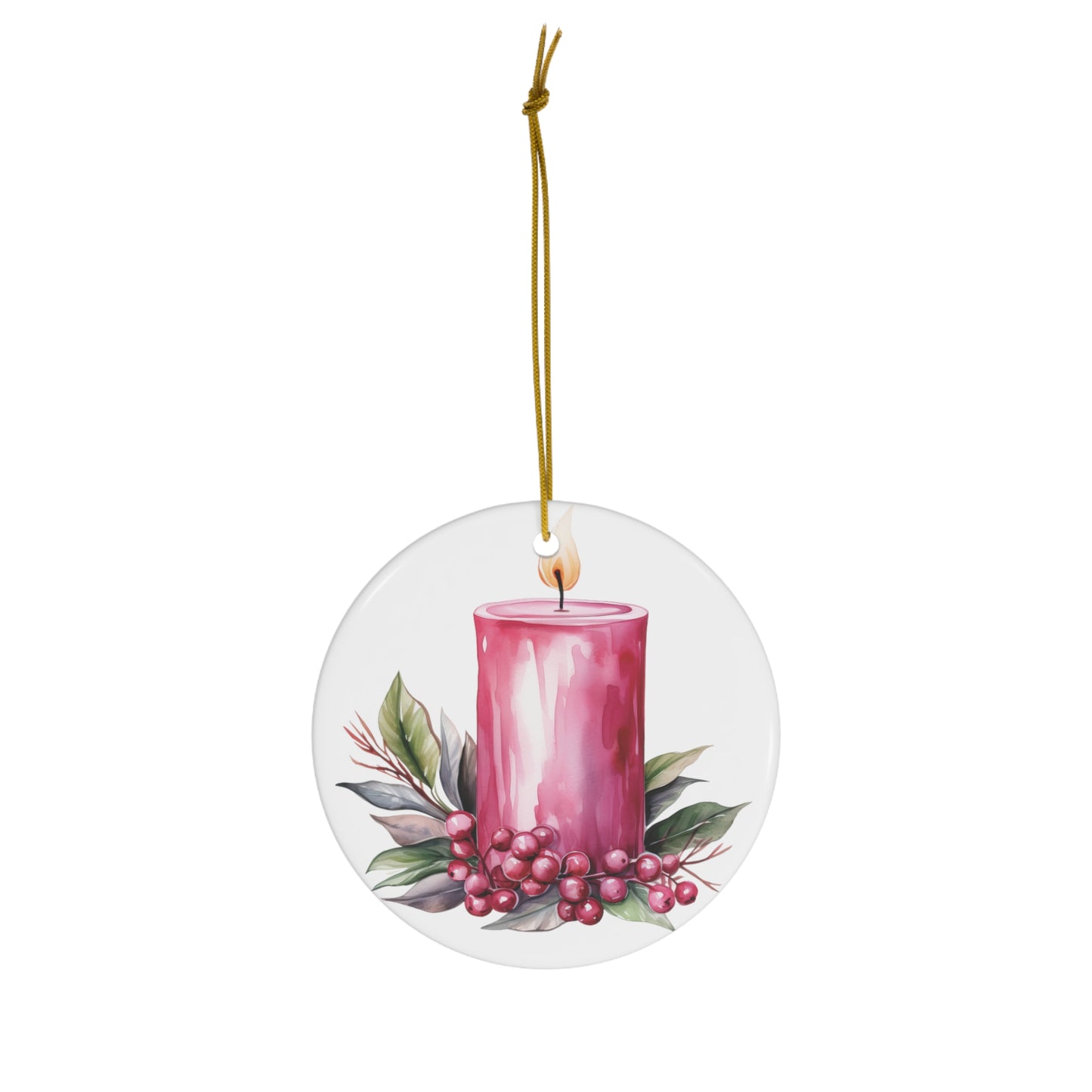 Pink Candle & Holly Ceramic Ornament