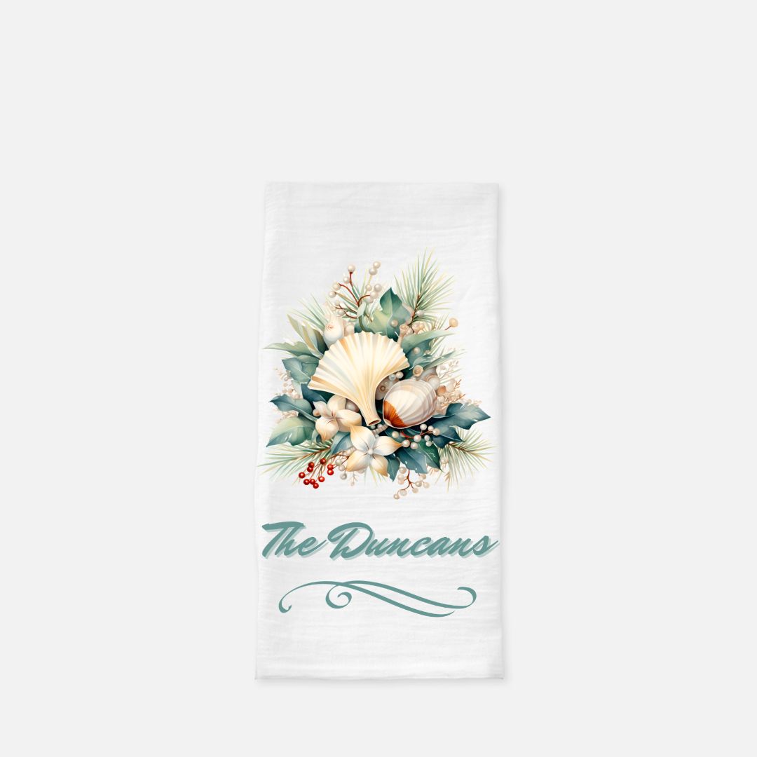 Personalized Seashell Bouquet 2 Tea Towel, Dish, Kitchen Towel, Flour Sack Towel, Gift, Wedding Gift Towel, Bar Towel