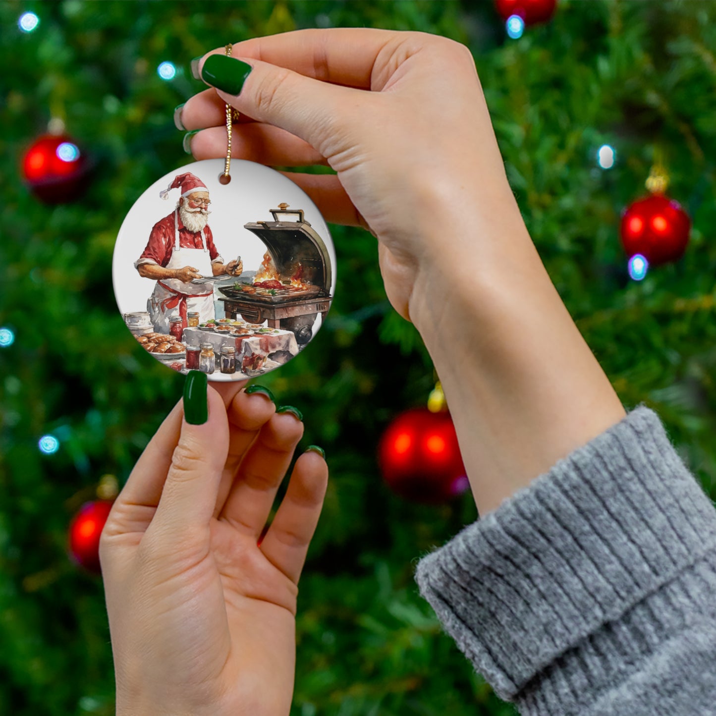 Santa Grilling Christmas Ceramic Ornament