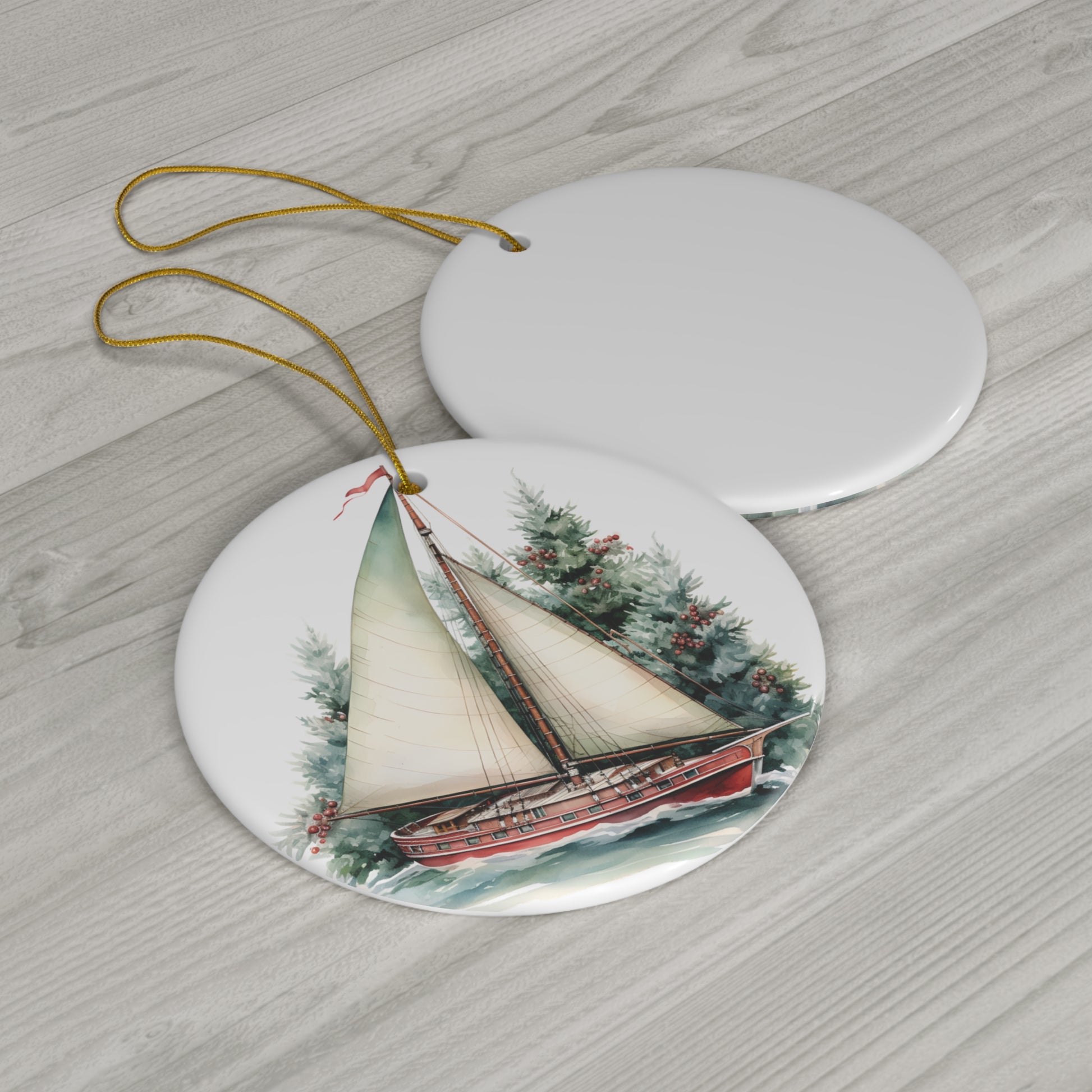 Christmas Sailboat Ceramic Ornament