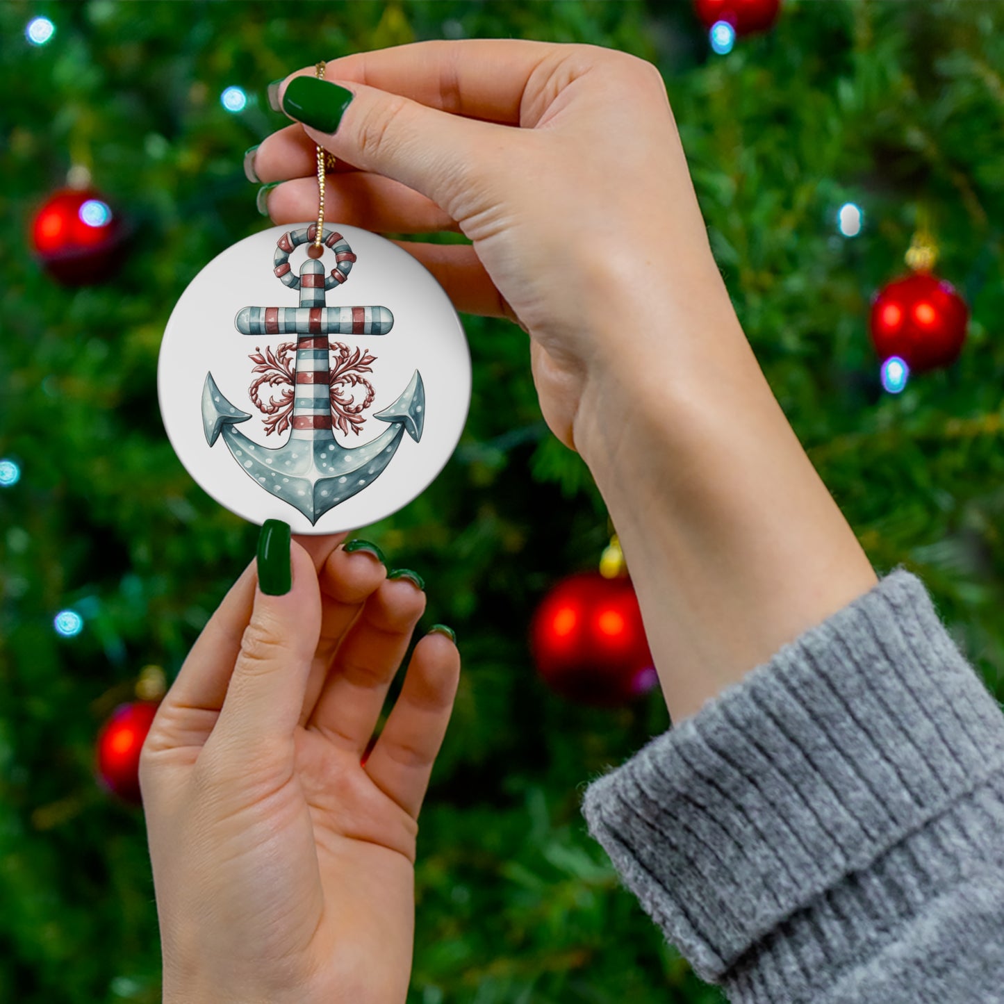 Decorated Anchor Christmas Ceramic Ornament