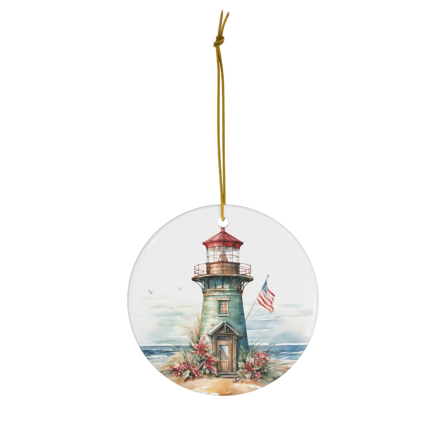 Christmas Lighthouse with Flag Ceramic Ornament