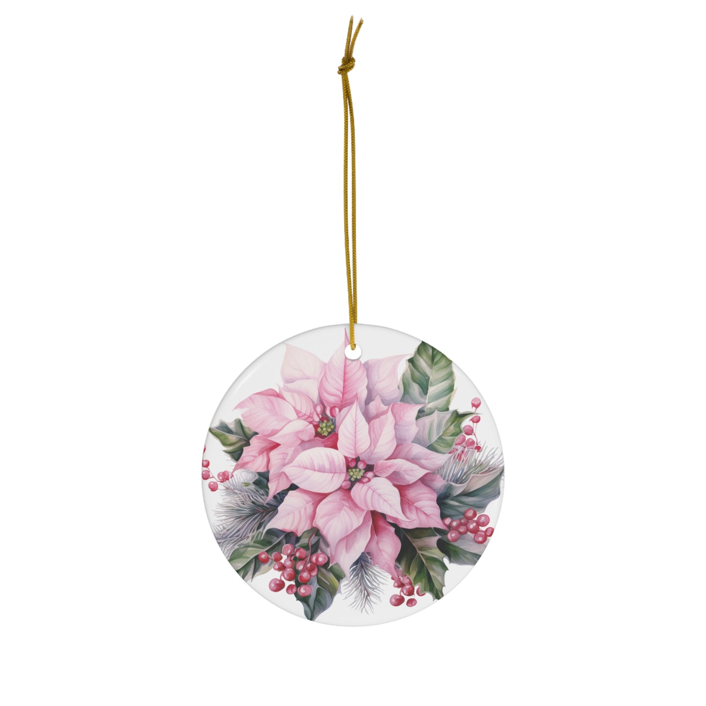 Pink Poinsettia Christmas Ceramic Ornament