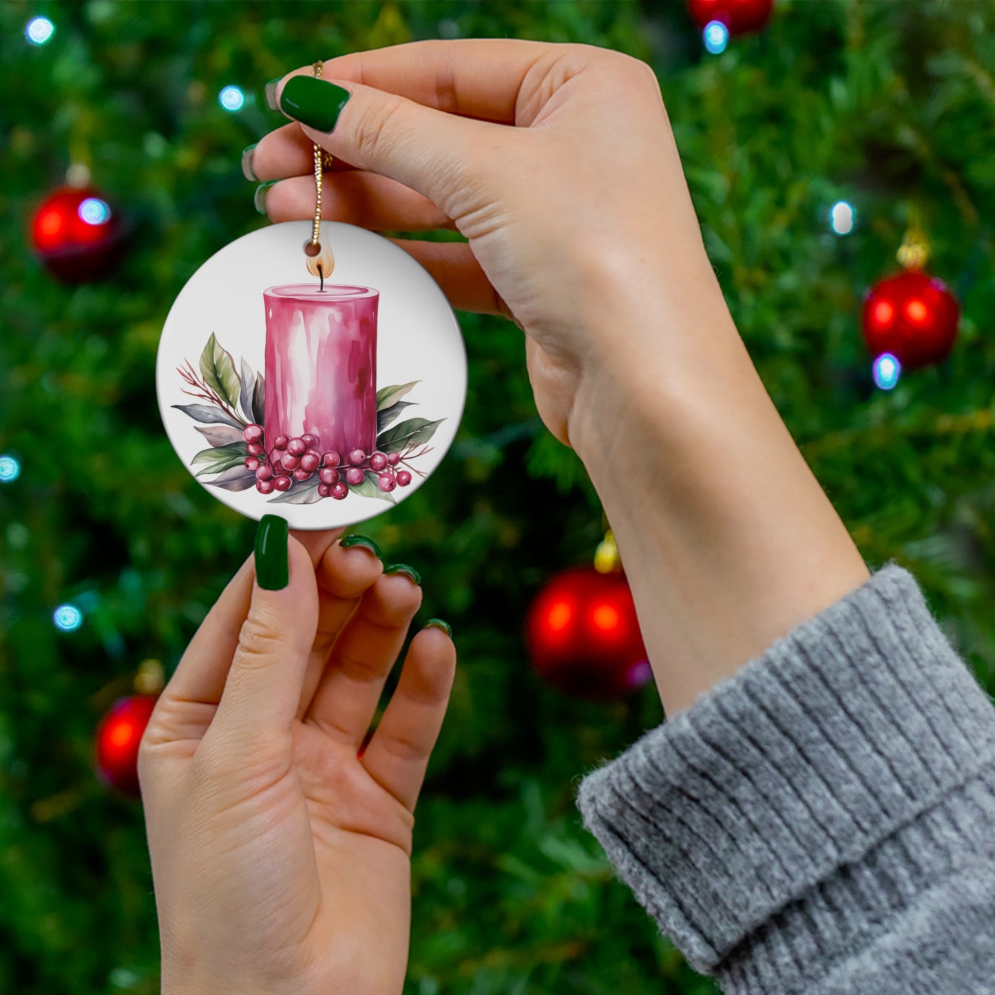 Pink Candle & Holly Ceramic Ornament