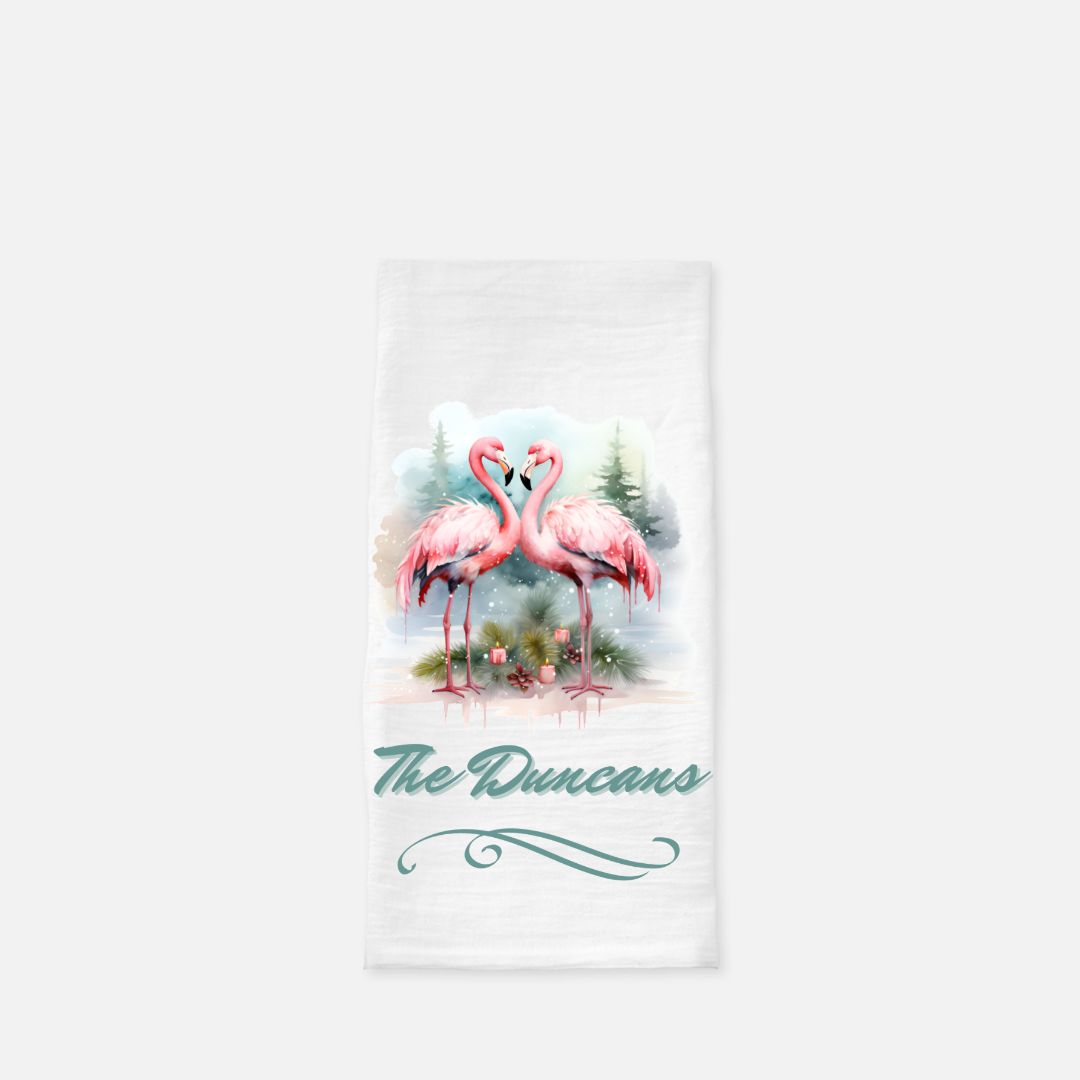 Personalized Flamingos on the Beach Tea Towel, Dish, Kitchen Towel, Flour Sack Towel, Gift, Wedding Gift Towel, Bar Towel