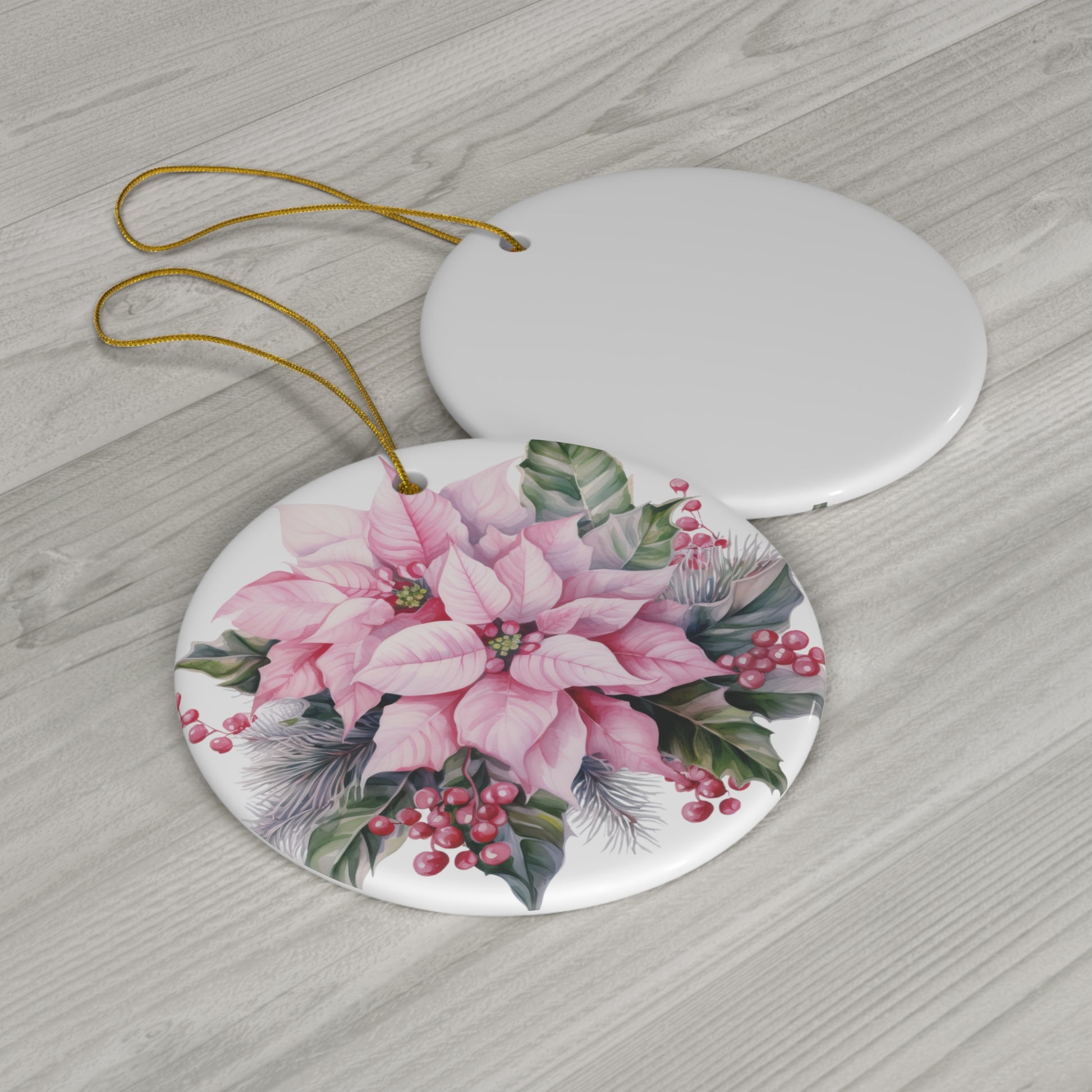 Pink Poinsettia Christmas Ceramic Ornament