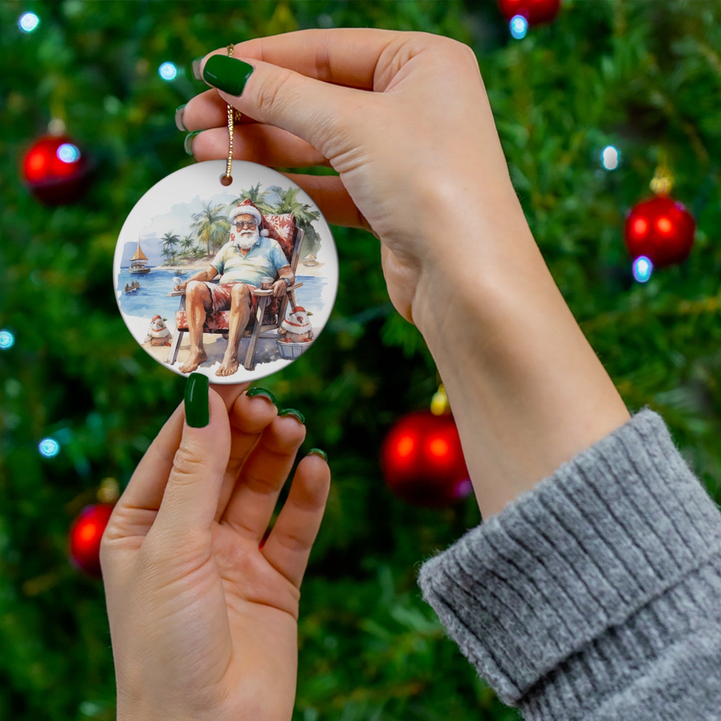 Santa Chilling On the Beach Christmas Ceramic Ornament