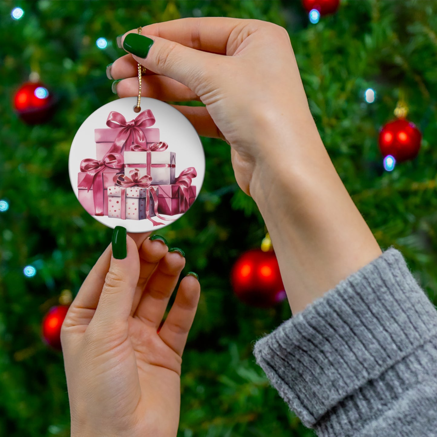 Pink Holiday Gifts Ceramic Christmas Ornament