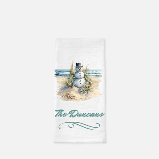 Personalized Snowman with Sea Grass Tea Towel, Dish, Kitchen Towel, Flour Sack Towel, Gift, Wedding Gift Towel, Bar Towel