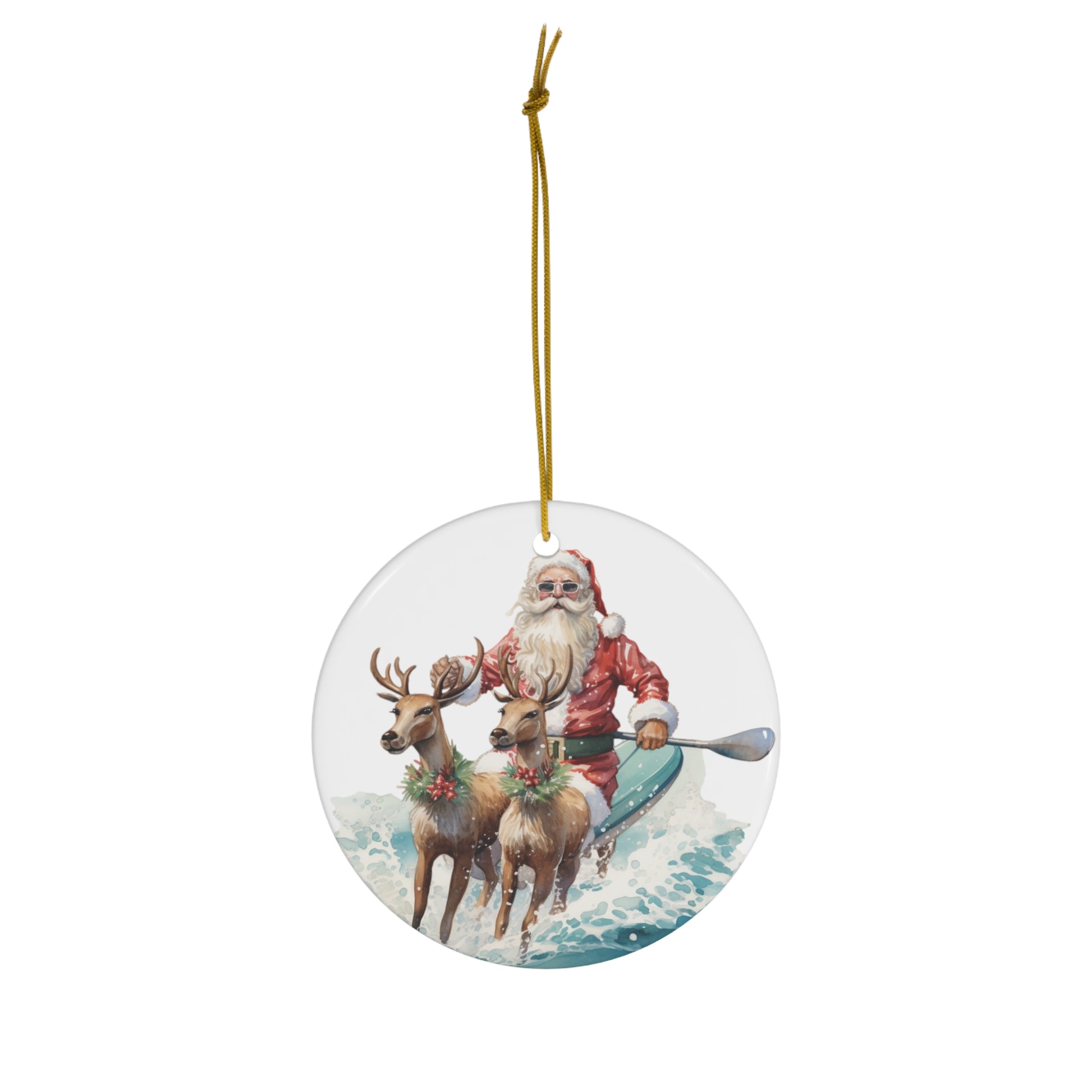 Santa on SUP Board with Reindeer Christmas Ceramic Ornament