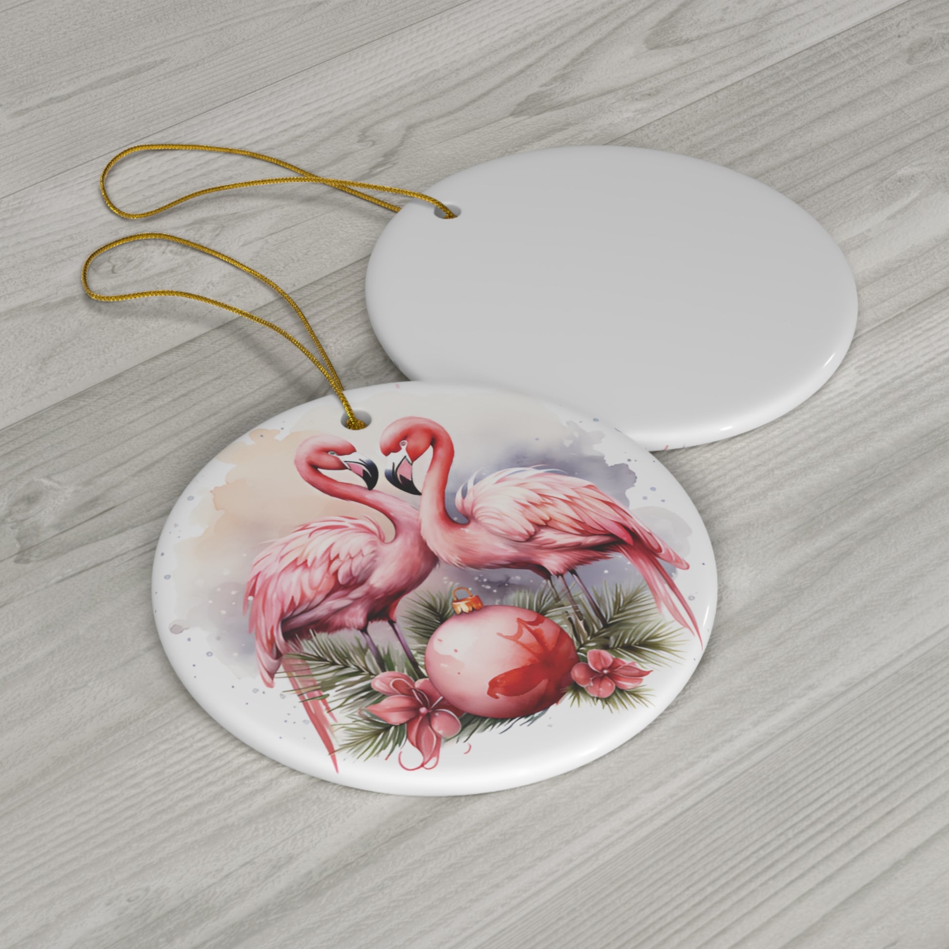 Pink Holiday Flamingos Christmas Ceramic Ornament