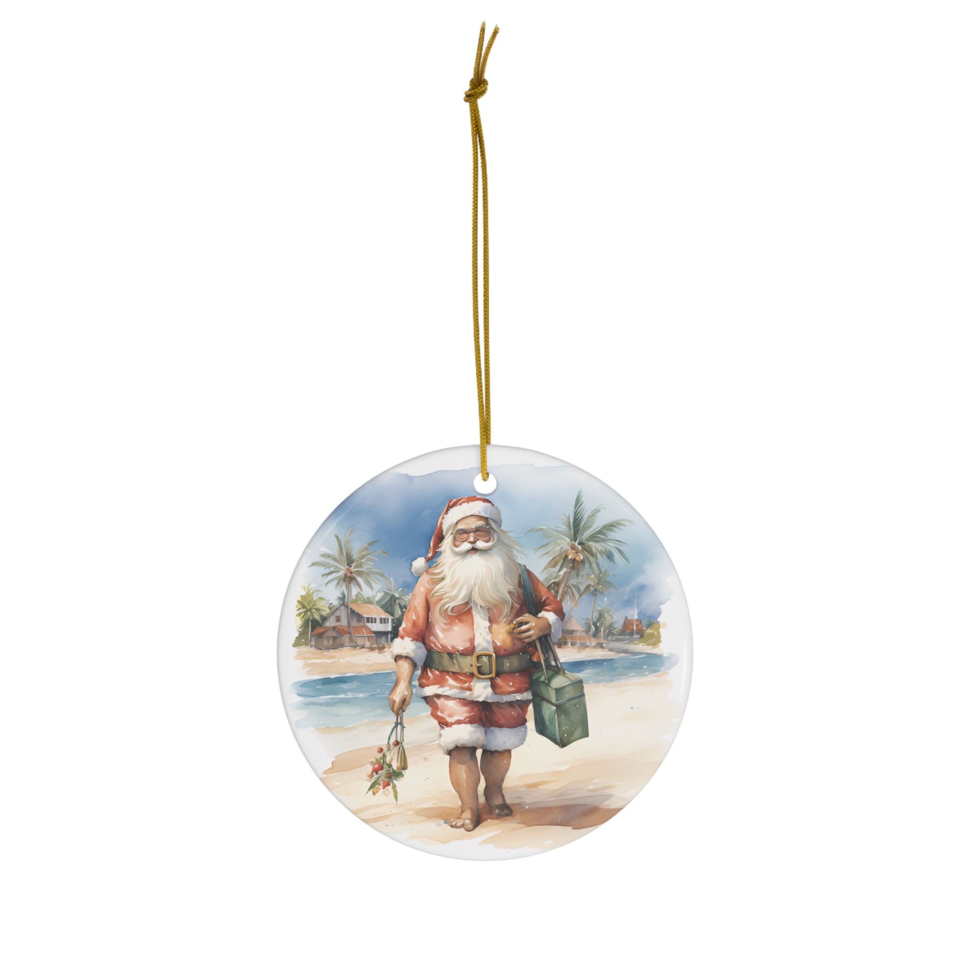 Santa Walking the Beach Christmas Ceramic Ornament