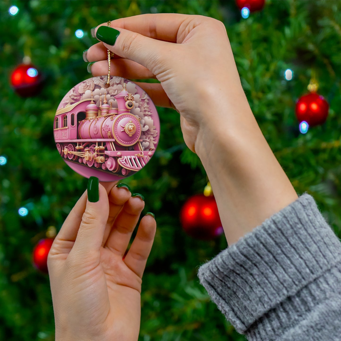 Pink Holiday Train Christmas Ceramic Ornament