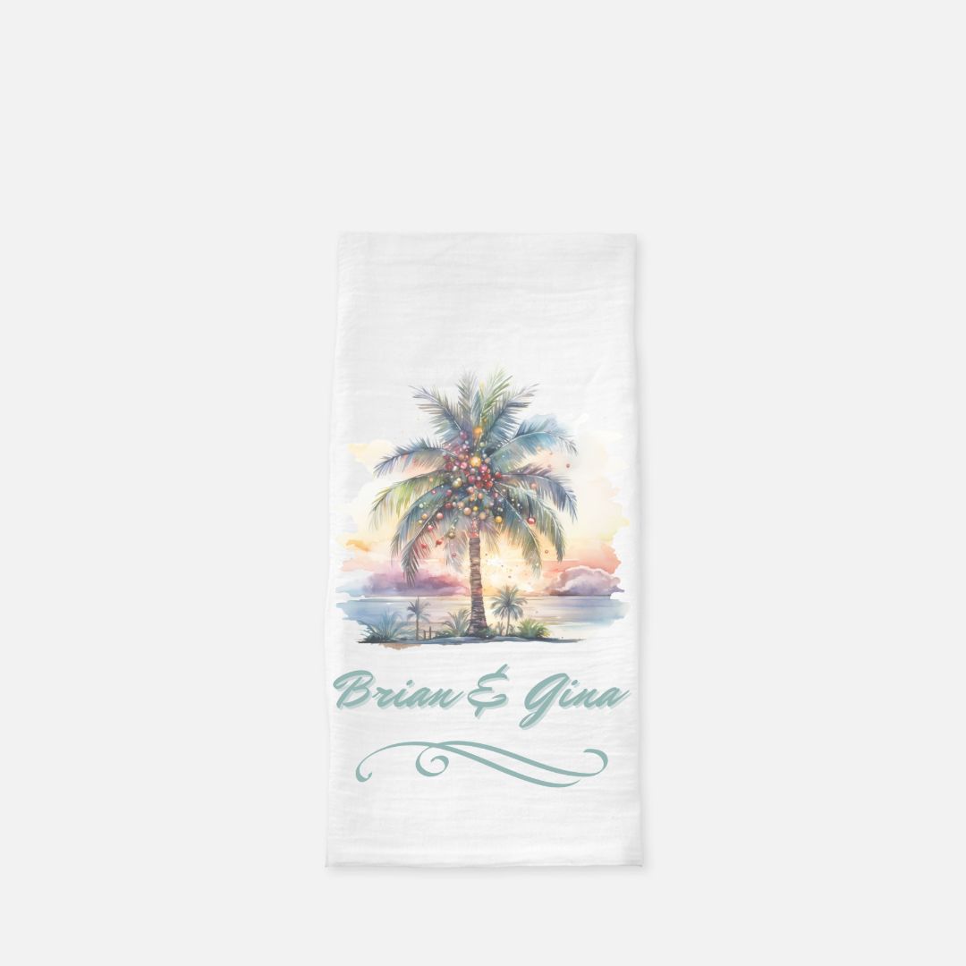 Personalized Decorated Palm Tree at Sunset Tea Towel, Dish, Kitchen Towel, Flour Sack Towel, Gift, Wedding Gift Towel, Bar Towel