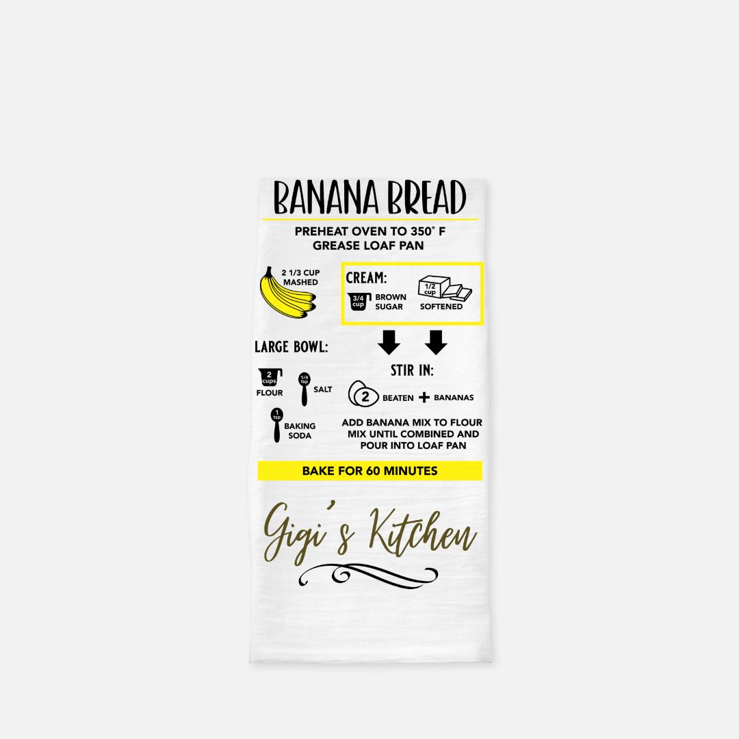 Banana Bread Recipe Tea Towel, Dish, Kitchen Towel, Flour Sack Towel, Housewarming Gift, Wedding Gift Towel, Bar Towel