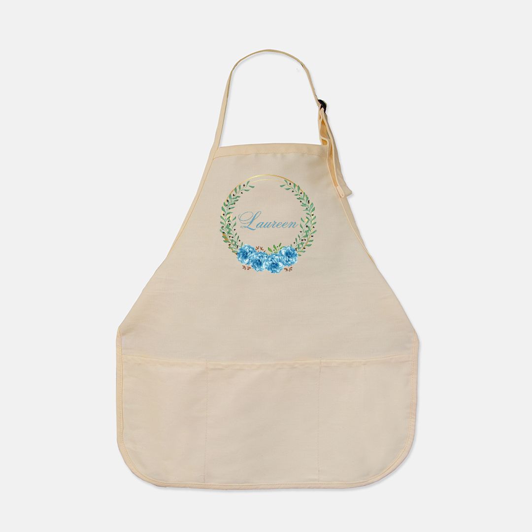 Personalized Stunning Blue Floral Wreath Apron