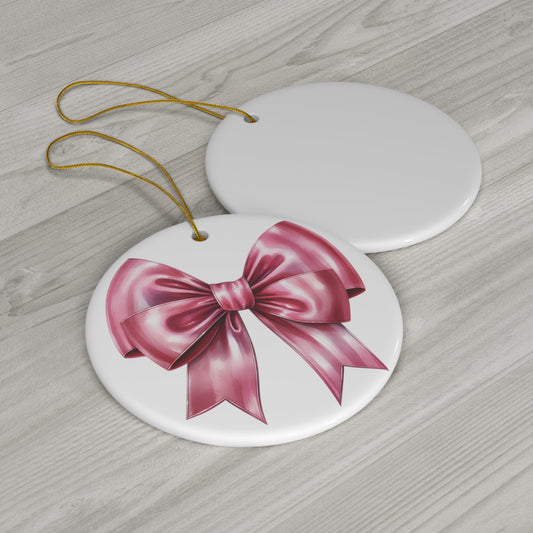 Pink Bow Christmas Ceramic Ornament