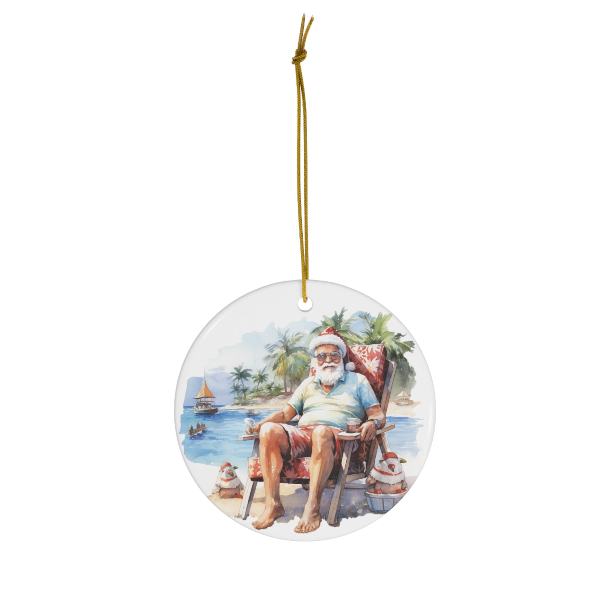 Santa Chilling On the Beach Christmas Ceramic Ornament