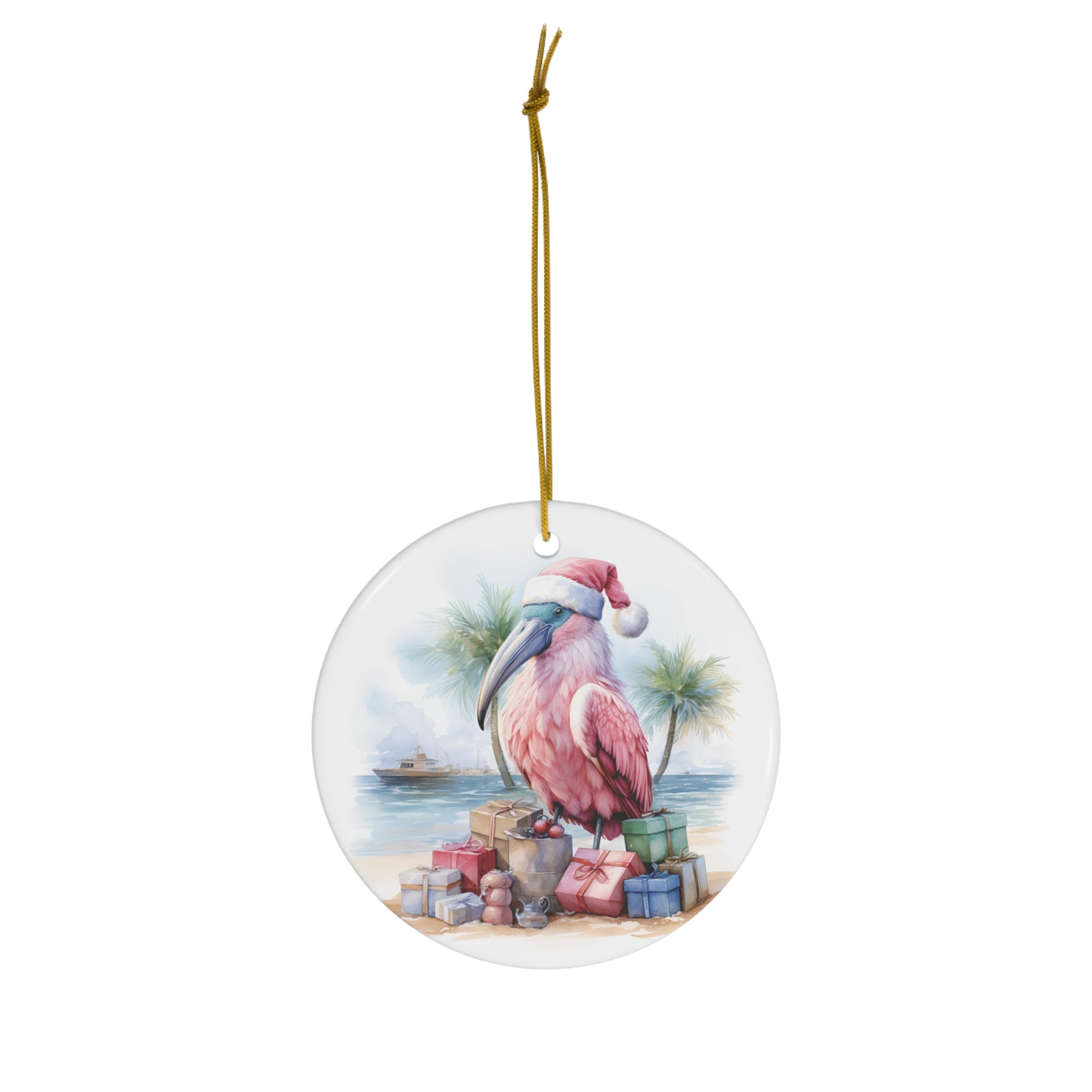 Pink Santa Bird on Beach Ceramic Ornament