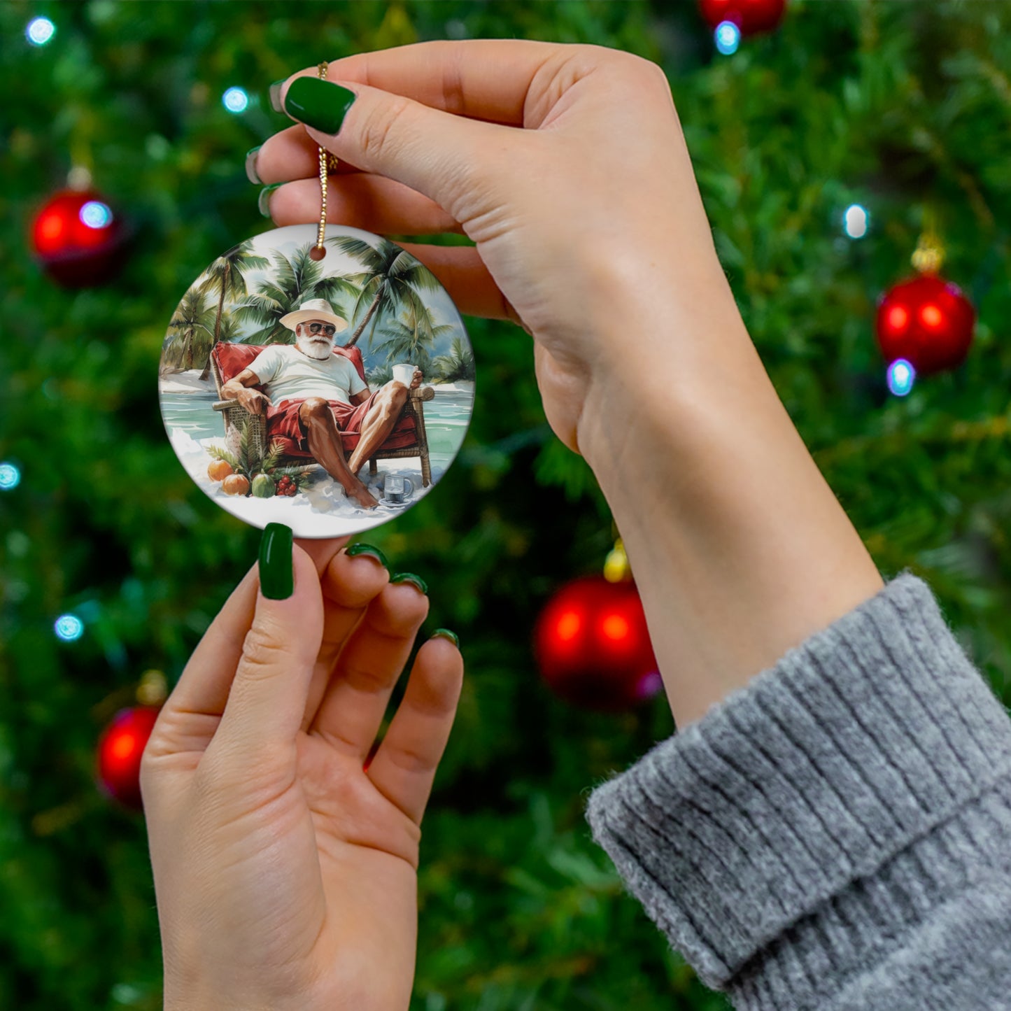 Santa Relaxing at the Beach Christmas Ceramic Ornament